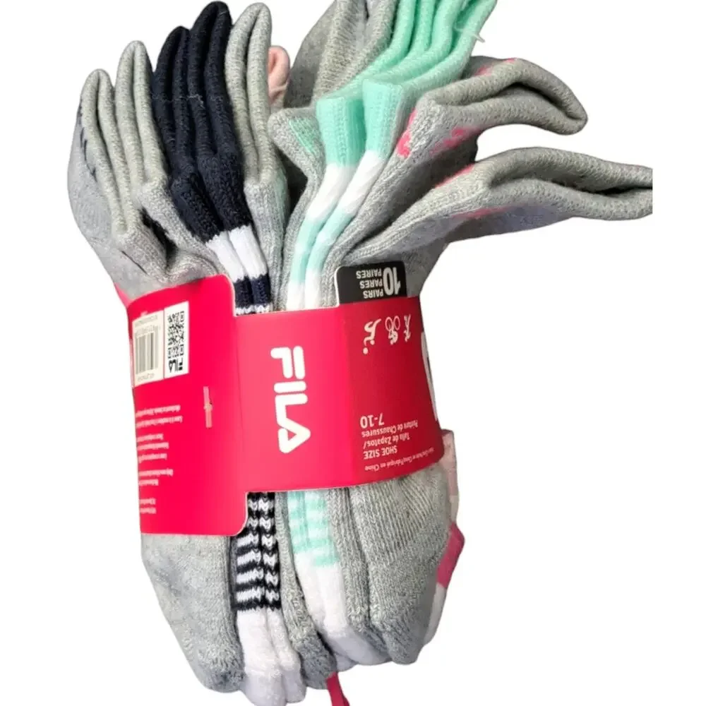 NWT Fila 10 Pairs Comfort Knit Soft Socks Bonus 3 Hair Ties Girls 7 to 10 Shoe
